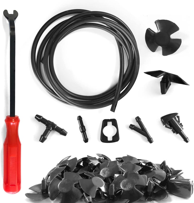 OSIFIT Windshield Washer Hose Kit, 2M Washer Fluid Hose+3 Pcs Hose Connectors+4 Fan Nozzles+4 Rubber Gaskets +30 Pcs Cap Heat Insulation Clips, Connect Car Water Pump and Nozzles, Suitable for Most Car - Image 1